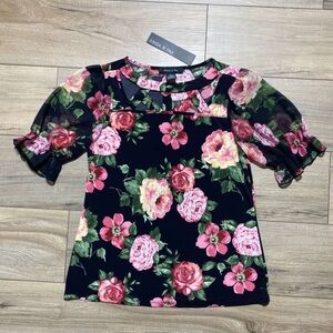 Adele & May Womens Short Puff Sleeve Cutout Floral Top Size Small Black Pink